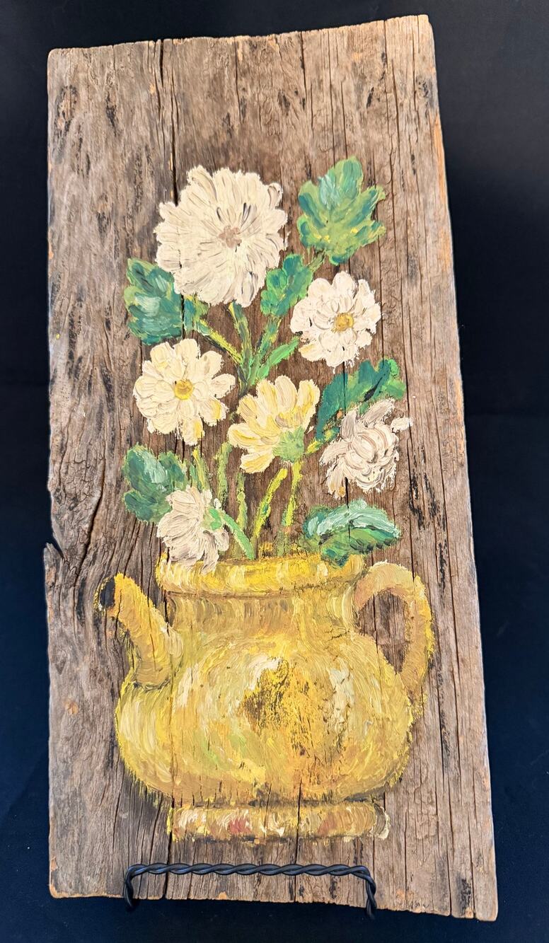 Vintage 1965 Hand Painted Floral Wall Art Rustic Wooden Teapot Painting
